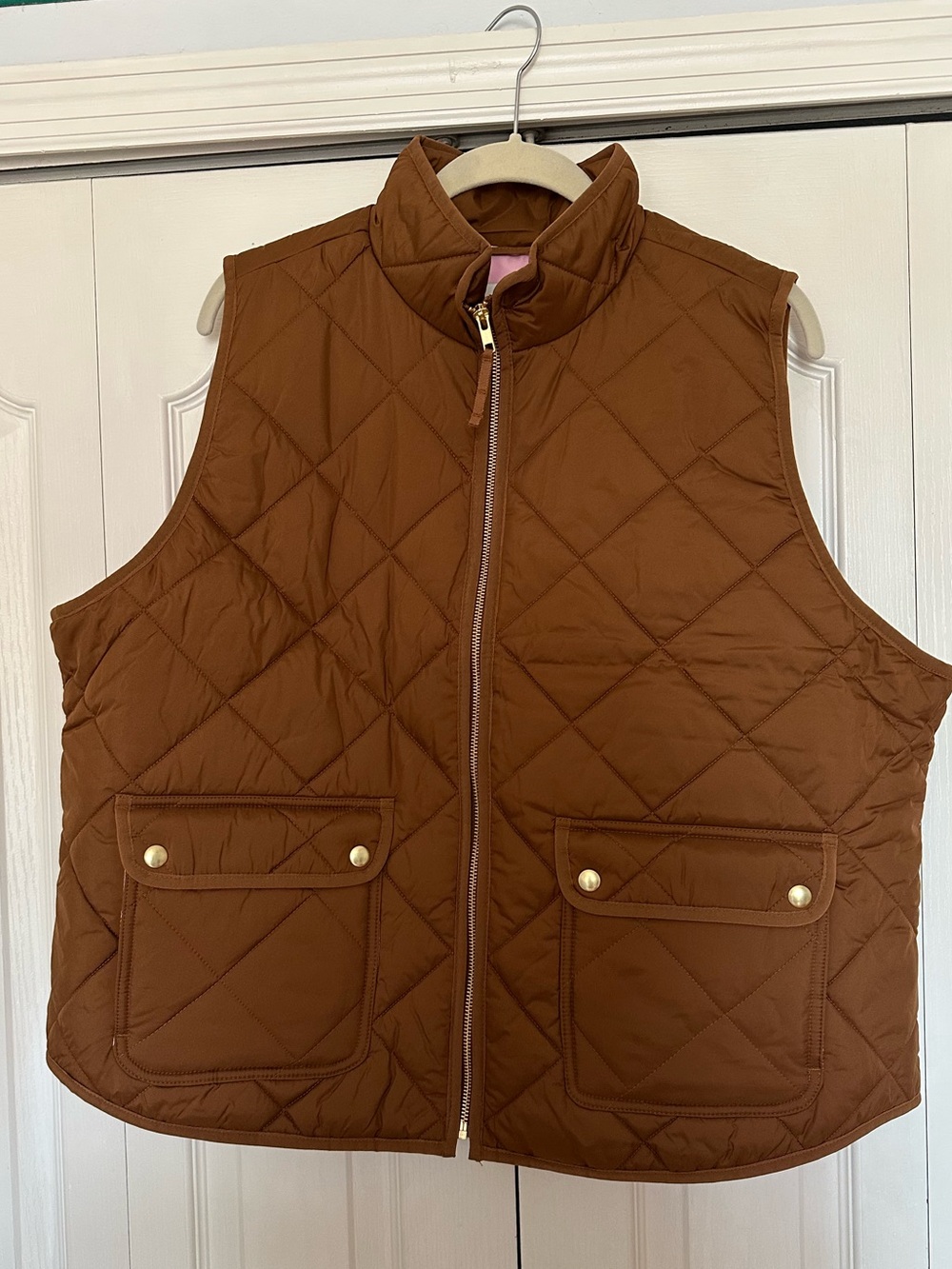 J. Crew Quilted Chestnut Brown and Pink Interior Sleeveless Puffer Vest